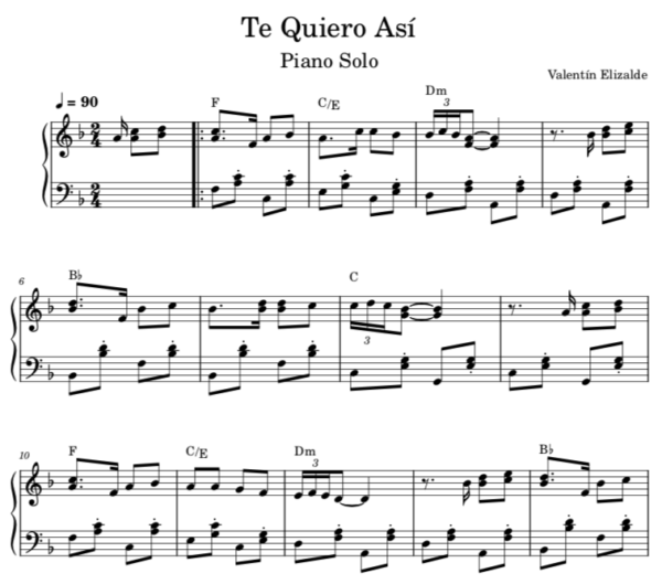 Te Quiero Así - Partitura Piano